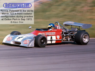 Ronnie Peterson in the works March 722 in front-radiator configuration during practice at Oulton Park in September 1972. Copyright Alan Cox 2020. Used with permission. Ronnie Peterson in the works March 722 in front-radiator configuration during practice at Oulton Park in September 1972. Copyright Alan Cox 2020. Used with permission.