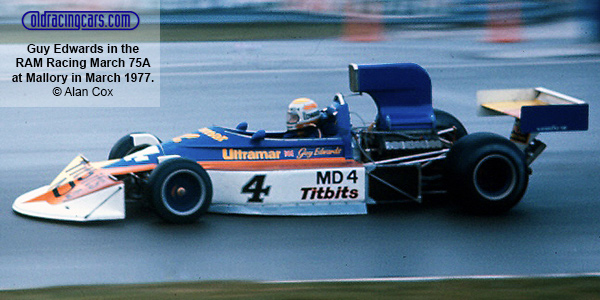 Guy Edwards in the RAM Racing March 75A/761 at Mallory Park in March 1977.  Copyright Alan Cox 2006.  Used with permission.