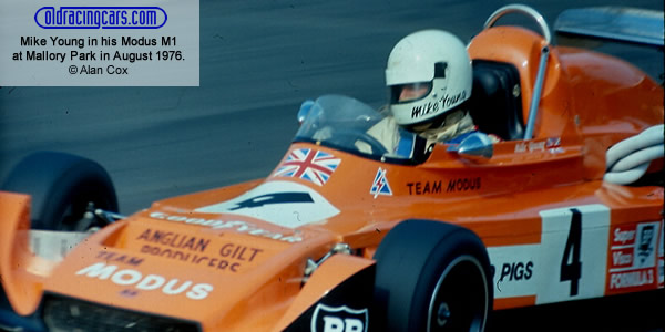 Mike Young at Mallory Park in August 1976 in his Modus M1.  Copyright Alan Cox 2010.  Used with permission.