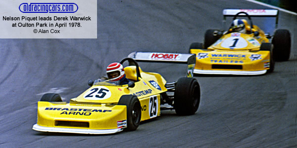 Nelson Piquet leads Derek Warwick at Oulton Park in April 1978 in their Ralt RT1s.  Copyright Alan Cox 2019.  Used with permission.