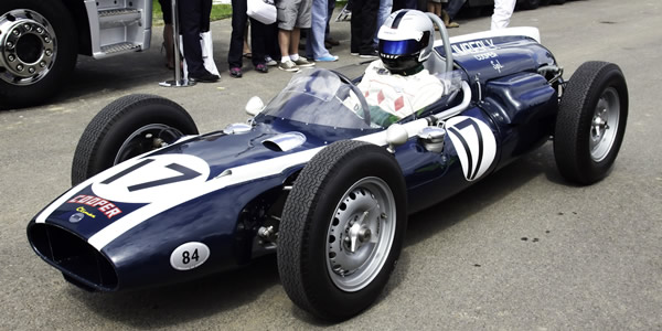 The restored Cooper T54 at the Goodwood Festival of Speed in July 2011. Licenced by Andrew Basterfield under Creative Commons licence Attribution-ShareAlike 2.0 Generic (CC BY-SA 2.0). Original image has been cropped.