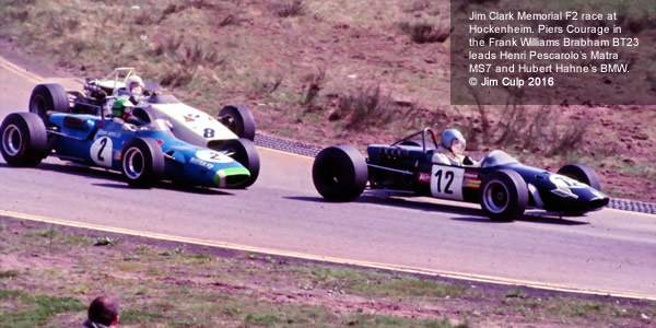 Jim Clark Memorial F2 race at Hockenheim. Piers Courage in the Williams/Brabham BT23 leads Henri Pescarolo, Matra MS7 and Hubert Hahne, BMW. Copyright Jim Culp 2016. Used with permission.