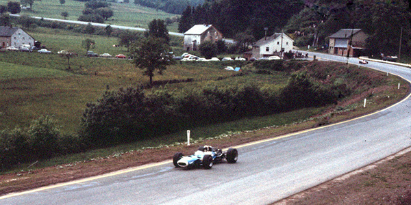Jackie Stewart in his Matra MS10 leaves the village of Burnenville on the magnificent old circuit of Spa-Francorchamps. Licenced by Jim Culp under Creative Commons licence Attribution-NonCommercial-NoDerivs 2.0 Generic. Original image has been cropped.