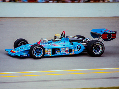Vern Schuppan in the 1974 Jorgensen Eagle at the 1976 Indy 500. This is Pancho Carter's usual short track car with conventional sidepods. Copyright Richard Deming 2016. Used with permission. Vern Schuppan in the 1974 Jorgensen Eagle at the 1976 Indy 500. This is Pancho Carter's usual short track car with conventional sidepods. Copyright Richard Deming 2016. Used with permission.