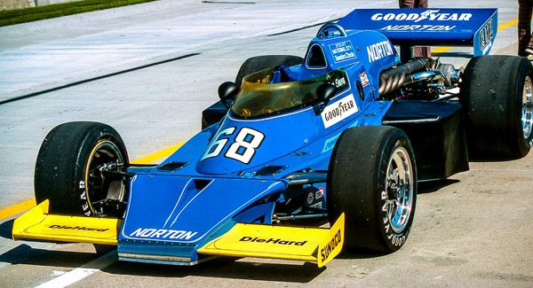 Tom Sneva's Penske Racing Norton/CAM2 McLaren M16C at Indianapolis in 1975. Copyright Richard Deming 2016. Used with permission.