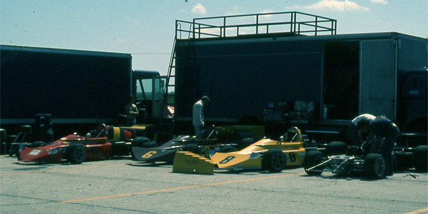 The Doug Shierson Racing March 75Bs: Chip Mead's red #17 75B, Price Cobb's brown #6 73B/75B, Tom Cooper's yellow #8 75B, and a fourth, unidentified, car. Copyright Keith Devereux 2020. Used with permission.