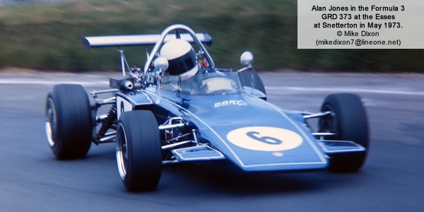 Alex Dias Ribeiro in the Hollywood GRD 374 is pursued at Oulton Park 28 Sep 1974 by the works SPI March 743 of José Chateaubriand and Nick von Preussen's March 733.  Copyright Alan Cox 2012.  Used with permission.