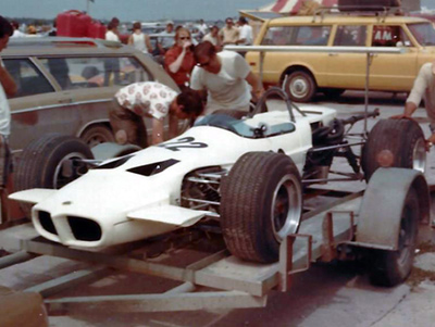 Don Merriman's Formula B Lotus 59 on its trailer at Harewood Acres in August 1969. Copyright Bob Easton 2022. Used with permission.