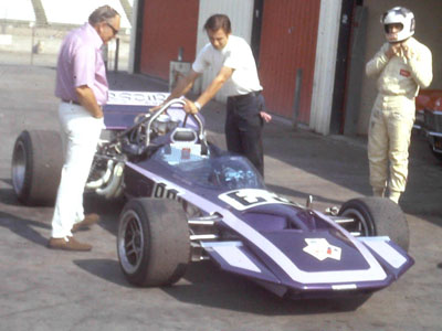 Clive Baker prepares to take the Corsair Racing Surtees TS8 out for testing at Riverside in 1971. Copyright Bob Egginton 2020. Used with permission.