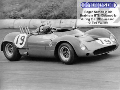 Roger Nathan in his Brabham BT8 with Oldsmobile V8 engine during the 1965 season. Copyright Ted Walker 2020. Used with permission. Roger Nathan in his Brabham BT8 with Oldsmobile V8 engine during the 1965 season. Copyright Ted Walker 2020. Used with permission.