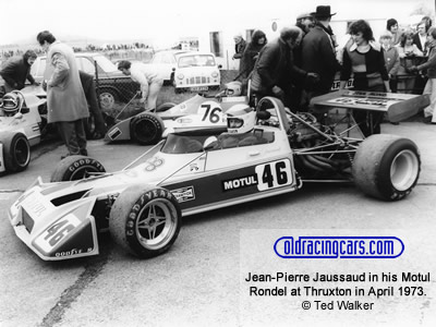 Jean-Pierre Jaussaud in his Motul Rondel at Thruxton in April 1973. Copyright Ted Walker 2019. Used with permission. Jean-Pierre Jaussaud in his Motul Rondel at Thruxton in April 1973. Copyright Ted Walker 2019. Used with permission.