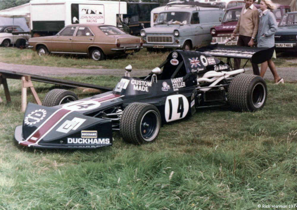 The Custom Made/Harry Stiller March 74B of Alan Jones in the Mallory Park paddock in August 1974. Copyright Rich Harman 2009. Used with permission.