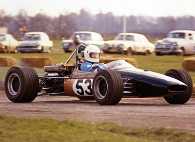 John Hart in his Brabham BT18, in the same colours it wore when he bought it. Copyright Doug Hart 2011. Used with permission.