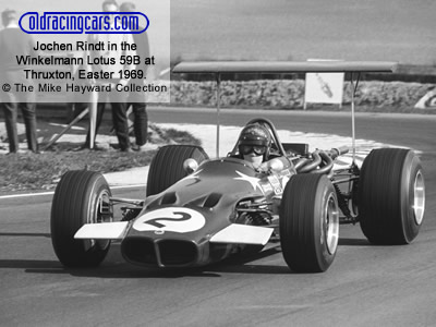 Jochen Rindt winning at Thruxton at Easter 1969 in the Winkelmann Racing Lotus 59B. Copyright The Mike Hayward Collection 2020. Used with permission.
