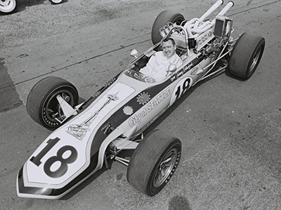 Johnny Rutherford poses in Alan Green's City of Seattle Eagle at the Indy 500 in 1968. Licenced by The Henry Ford under Creative Commons licence Attribution-NonCommercial-NoDerivs 2.0 Generic. Original image has been cropped. Johnny Rutherford poses in Alan Green's City of Seattle Eagle at the Indy 500 in 1968. Licenced by The Henry Ford under Creative Commons licence Attribution-NonCommercial-NoDerivs 2.0 Generic. Original image has been cropped.