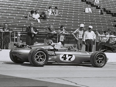 The #47 Weinberger Eagle-Offy at the Speedway in 1967 before Norm Brown crashed it. Part of the Dave Friedman collection. Licenced by The Henry Ford under Creative Commons licence Attribution-NonCommercial-NoDerivs 2.0 Generic. Original image has been cropped. The #47 Weinberger Eagle-Offy at the Speedway in 1967 before Norm Brown crashed it. Part of the Dave Friedman collection. Licenced by The Henry Ford under Creative Commons licence Attribution-NonCommercial-NoDerivs 2.0 Generic. Original image has been cropped.