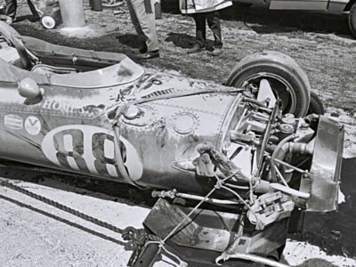The Pacesetter Homes Eagle after it was crashed by Jochen Rindt during practice. Part of the Dave Friedman collection. Licenced by The Henry Ford under Creative Commons licence Attribution-NonCommercial-NoDerivs 2.0 Generic. Original image has been cropped. The Pacesetter Homes Eagle after it was crashed by Jochen Rindt during practice. Part of the Dave Friedman collection. Licenced by The Henry Ford under Creative Commons licence Attribution-NonCommercial-NoDerivs 2.0 Generic. Original image has been cropped.