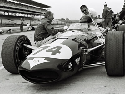 Dan Gurney in his Eagle during practice at the 1967 Indianapolis 500. Part of the Dave Friedman collection. Licenced by The Henry Ford under Creative Commons licence Attribution-NonCommercial-NoDerivs 2.0 Generic. Original image has been cropped.