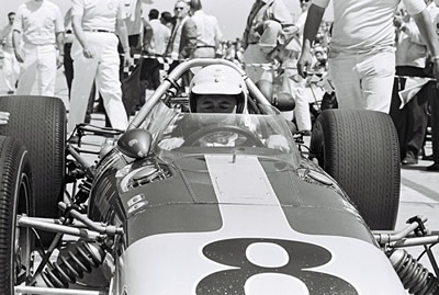 Roger McCluskey in Lindsey Hopkins's new G. C. Murphy Eagle at the 1968 Indy 500. Part of the Dave Friedman collection. Licenced by The Henry Ford under Creative Commons licence Attribution-NonCommercial-NoDerivs 2.0 Generic. Original image has been cropped.