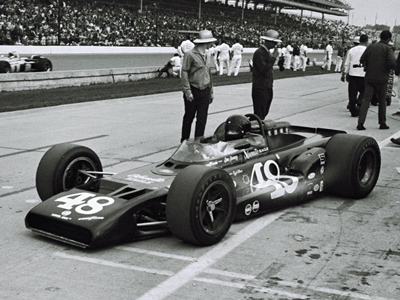 Dan Gurney in his #48 race car at the Indy 500 in 1969. Part of the Dave Friedman collection. Licenced by The Henry Ford under Creative Commons licence Attribution-NonCommercial-NoDerivs 2.0 Generic. Original image has been cropped.
