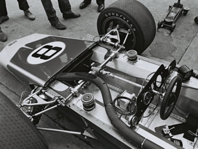 The front end of the new 1969 Gerhardt wedge at the 1969 Indy 500. Part of the Dave Friedman collection. Licenced by The Henry Ford under Creative Commons licence Attribution-NonCommercial-NoDerivs 2.0 Generic. Original image has been cropped.