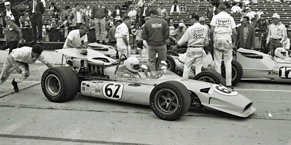 George Follmer in his #62 Gilbert during practice at Indianapolis in 1969. Part of the Dave Friedman collection. Licenced by The Henry Ford under Creative Commons licence Attribution-NonCommercial-NoDerivs 2.0 Generic. Original image has been cropped.