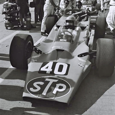 Art Pollard in the #40 STP-Offy in practice for the 1969 Indy 500. Licenced by The Henry Ford under Creative Commons licence Attribution-NonCommercial-NoDerivs 2.0 Generic. Original image has been cropped.