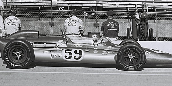 The new 1968 Hayhoe #59 entry at the Indy 500 in 1968.  Part of the Dave Friedman collection. Licenced by The Henry Ford under Creative Commons licence Attribution-NonCommercial-NoDerivs 2.0 Generic. Original image has been cropped.