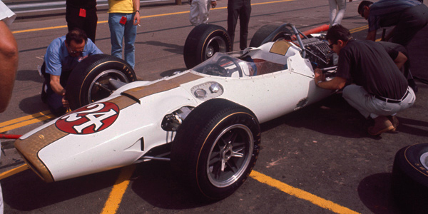 Rodger Ward's Lola T90 on its debut appearance at the Jimmy Bryan Memorial at Phoenix in March 1966. Licenced by The Henry Ford under Creative Commons licence Attribution-NonCommercial-NoDerivs 2.0 Generic. Original image has been cropped.