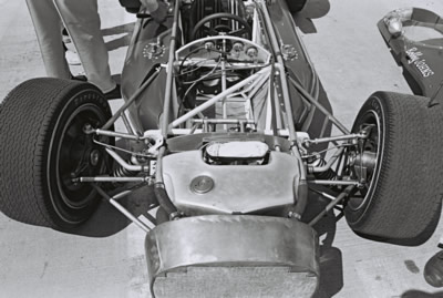 The front of the GCR Mongoose during practice month at the 1967 Indy 500. Part of the Dave Friedman collection. Licenced by The Henry Ford under Creative Commons licence Attribution-NonCommercial-NoDerivs 2.0 Generic. Original image has been cropped.