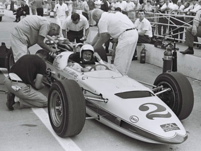 Rodger Ward's #2 Moog St. Louis Watson-Ford at Indy in 1965.  Part of the Dave Friedman collection. Licenced by The Henry Ford under Creative Commons licence Attribution-NonCommercial-NoDerivs 2.0 Generic. Original image has been cropped.