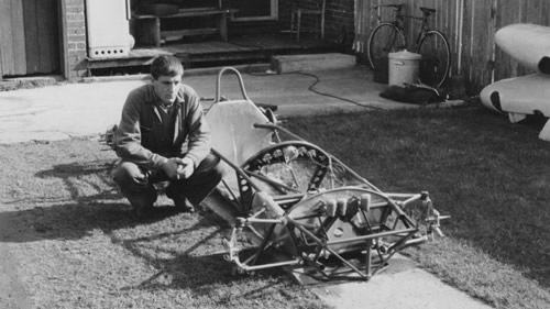 Bob Britton with the Peter Williamson Rennmax BN1 chassis. Copyright Harry Hickling. Used with permission. 