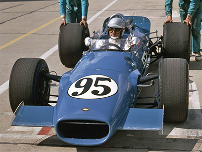 Jack Brabham heads out for practice in his Brabham BT25 at the 1969 Indy 500.  Copyright Indianapolis Motor Speedway. Copyright permissions granted for non-commercial use by Indianapolis Motor Speedway.