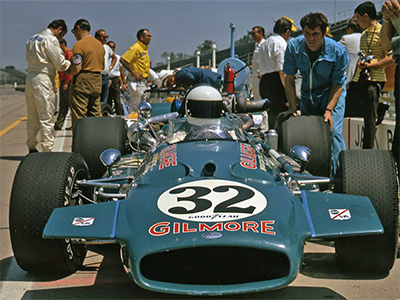 Jack Brabham in the new Brabham BT32 at the 1970 Indy 500.  Copyright Indianapolis Motor Speedway. Copyright permissions granted for non-commercial use by Indianapolis Motor Speedway.