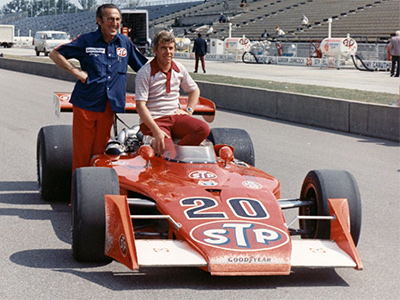 Gordon Johncock and George Bignotti with the STP Patrick Racing Eagle at the 1973 Indy 500.  Copyright Indianapolis Motor Speedway. Copyright permissions granted for non-commercial use by Indianapolis Motor Speedway.