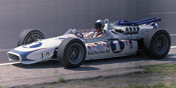 Mario Andretti in the 1967 Hawk at the 1967 Indy 500.  Copyright Indianapolis Motor Speedway. Copyright permissions granted for non-commercial use by Indianapolis Motor Speedway.