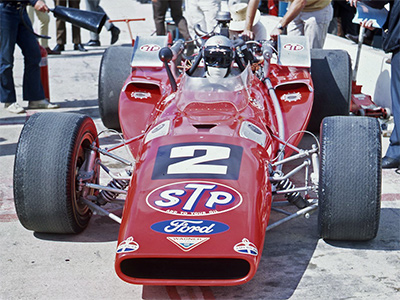Mario Andretti in his backup STP Hawk at the 1969 Indy 500.  Copyright Indianapolis Motor Speedway. Copyright permissions granted for non-commercial use by Indianapolis Motor Speedway.