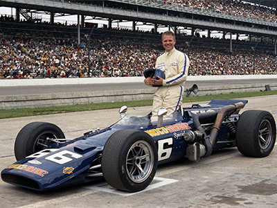 Mark Donohue after qualifying his Lola T152 for the 1969 Indy 500.  Copyright Indianapolis Motor Speedway. Copyright permissions granted for non-commercial use by Indianapolis Motor Speedway.