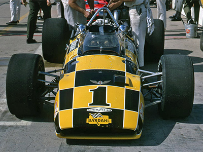 The Bardahl-sponsored Leader Car Lola T152 at the 1969 Indy 500.  Copyright Indianapolis Motor Speedway. Copyright permissions granted for non-commercial use by Indianapolis Motor Speedway.
