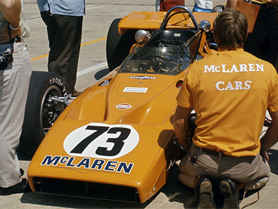The #73 McLaren M15A intended for Denny Hulme but raced by Peter Revson at the 1970 Indy 500.  Copyright Indianapolis Motor Speedway. Copyright permissions granted for non-commercial use by Indianapolis Motor Speedway.