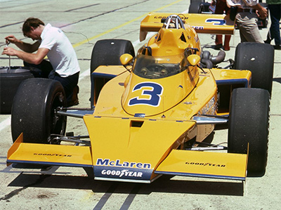 Johnny Rutherford’s unsponsored McLaren M16C prior to winning the 1974 Indy 500.  Copyright Indianapolis Motor Speedway. Copyright permissions granted for non-commercial use by Indianapolis Motor Speedway.