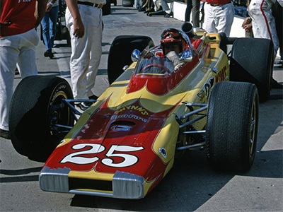 Lloyd Ruby in the new wedge Mongoose at the 1969 Indy 500.  Copyright Indianapolis Motor Speedway. Copyright permissions granted for non-commercial use by Indianapolis Motor Speedway.