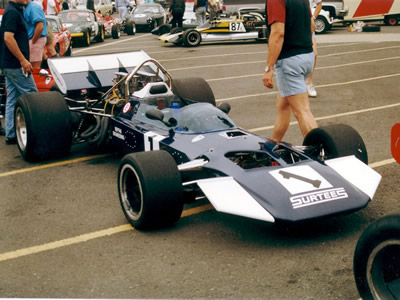 Rick Hall's Surtees TS8 '014' at Donington Park in July 1990. Copyright Jeremy Jackson 2003. Used with permission.