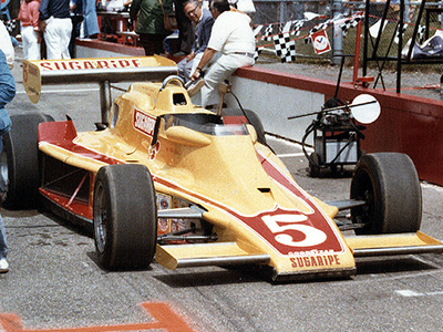Mike Mosley's Sugaripe Prune Lightning at Pocono in 1977. Copyright Jim Knerr 2020. Used with permission.