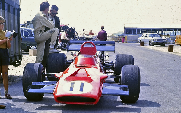 Roy Pike considers the handling of the Leda LT20 prior to practice at Thruxton in August 1970, possibly the last time an intact LT20 was seen in the UK. Copyright Keith Lewcock 2009. Used with permission.