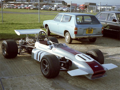 Martin Steele's March 702 in the paddock at Silverstone for a Peterborough Motor Club libre race in October 1983. Copyright Keith Lewcock 2019. Used with permission.