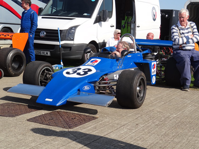 Bob Juggins in Bob Birrell's March 722 at the Sywell Classic in September 2020, with Birrell on the rear wheel. Copyright Keith Lewcock 2021. Used with permission.