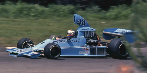 Bobby Unser in the AAR Jorgensen Eagle 755 F5000 at Mosport Park in 1975. Copyright Norm MacLeod 2017. Used with permission.
