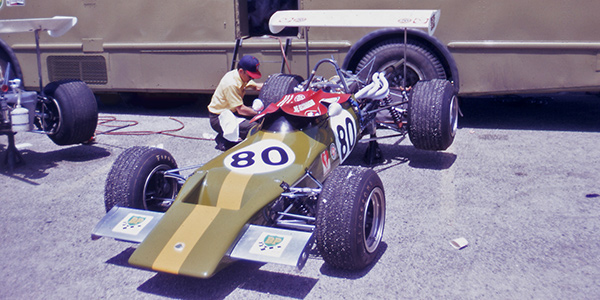 One of the Jim Russell school's brand new Lotus "69Bs" outside the team's transporter at Laguna Seca in June 1970. Copyright Mark Manroe 2006. Used with permission.