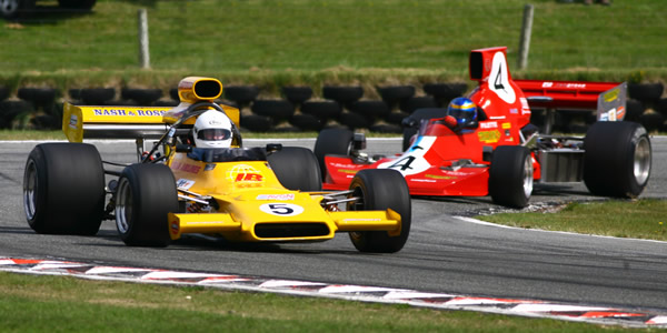 Steve Ross in his McRae GM1 leads Ken Smith in David Abbott's Lola T430 at Teretonga.  Copyright Fast Company/Alex Mitchell 2012.  Used with permission.